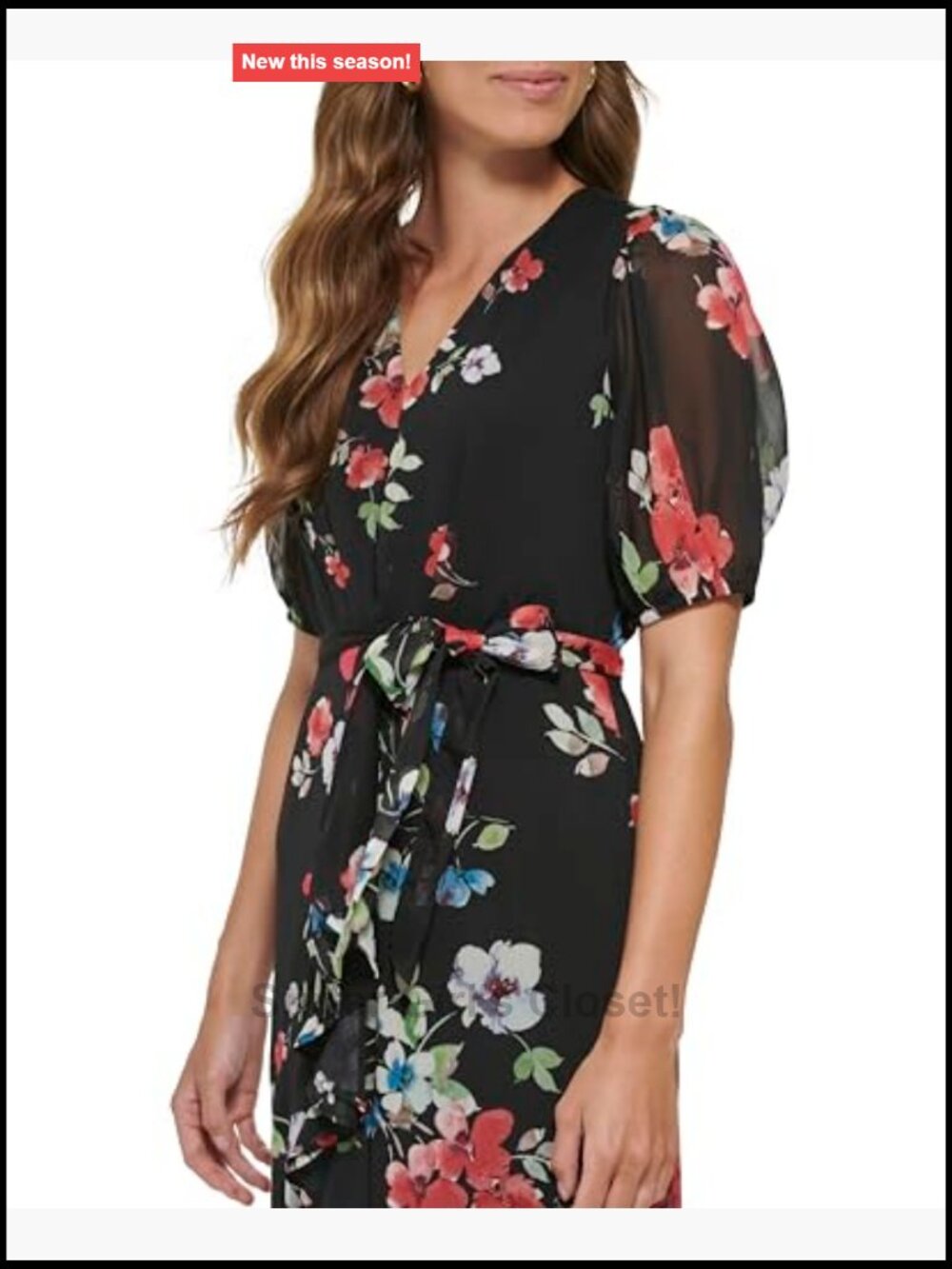 DKNY Ruffle Hem V-Neck Puff Sleeve Dress Women's Midi A-Line Zip Closure - Picture 4 of 4